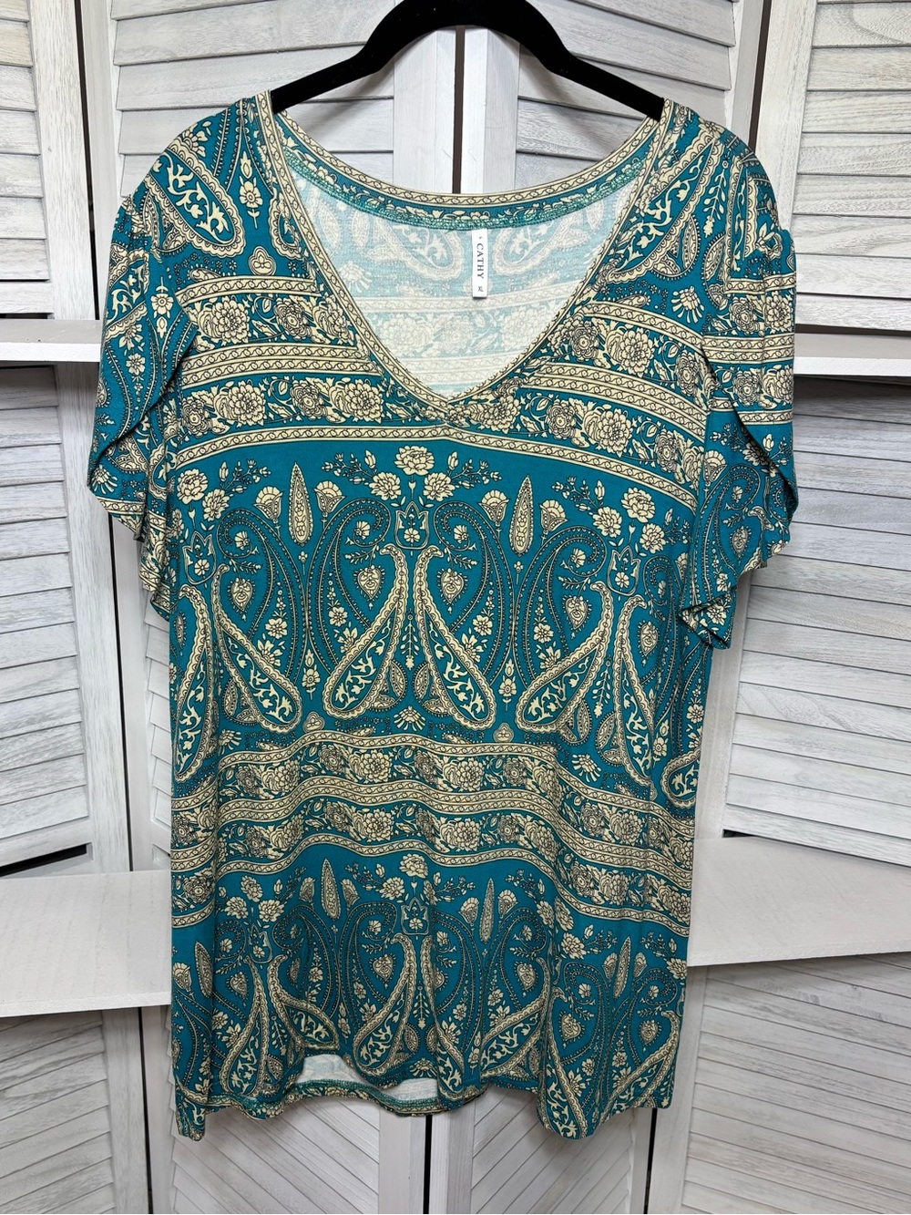 Cathy Teal Paisley Border Print V-Neck Tunic Top Women’s XL